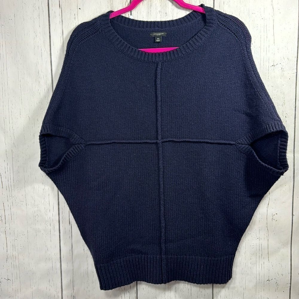 Ann Taylor Merino Wool Boxy Short Sleeve Blue Knit Pullover Boho Cozy Sweater